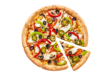 Delicious pizza with chicken fillet, champignon mushrooms, tomatoes, peppers, jalapeno and mozzarella, cut out