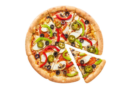 Delicious pizza with chicken fillet, champignon mushrooms, tomatoes, peppers, jalapeno and mozzarella, cut out