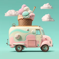 Deurstickers surreal dreamy pop collage travel theme, vibrant pastel colors, a vintage retro car, generative ai illustration © aledesun