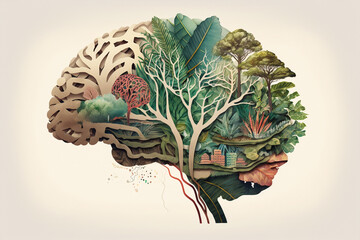a brain shape representing fresh ideas made by ecology  and positivity,plants, flowers,trees, and green, generative ai illustration