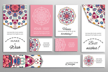 Big set of greeting Cards or wedding Invitations. Postcards template with inscription Make a Wish, Best Wishes, Happy Birthday. Banner, business cards with mandala ornament. Isolated design elements