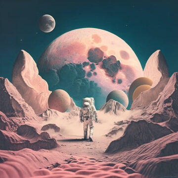 surreal collage of an astronaut traveling and walking through planets, alone, pastel colors, travel theme concept, generative ai illustration