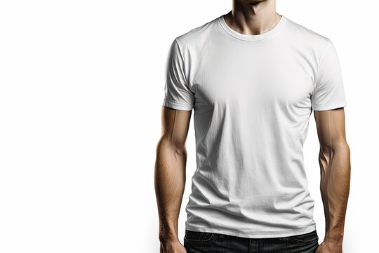 T-shirt mockup. Closeup of young man's body in empty white t-shirt on white background. Mock up template for design print. Generative Ai