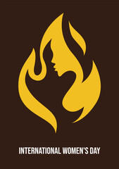 International women's day simple banner with silhouette black woman in negative space of fire, simple poster template