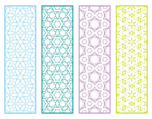 Decorative geometric line borders with repeating texture. Tribal ethnic arabic, indian, turkish ornament, bookmarks templates set. Isolated design elements. Stylized lace patterns collection