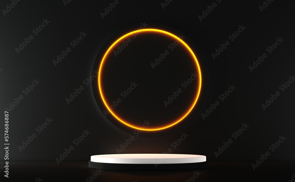 Poster black realistic 3d cylinder stand podium with glowing yellow neon in circle shape. abstract 3d rende