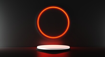 Black realistic 3d cylinder stand podium with glowing orange neon in circle shape. Abstract 3D Rendering geometric forms. Minimal scene. Stage showcase, Mockup product display.