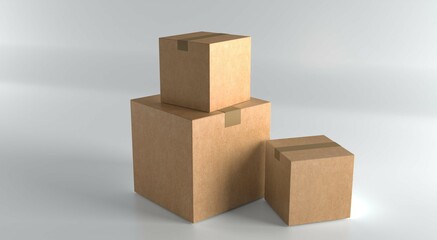 Close up of a pile of cardboard boxes on white background. 3D Rendering.