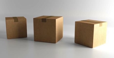 Closed cardboard box taped and isolated on a white background.
3d rendering.