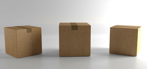 Closed cardboard box taped and isolated on a white background.
3d rendering.