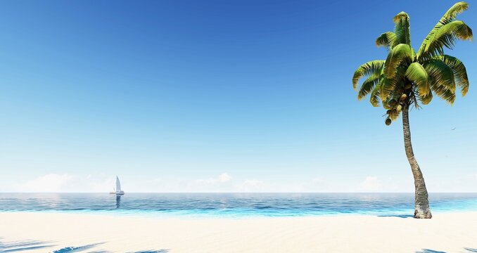 ULTRA HD. Blue ocean wood sand beach nature tropical palms Island. Hotel beach. Caribbean sea and sky. 3D Rendering, landscape Island. Palms turquoise sea background. 