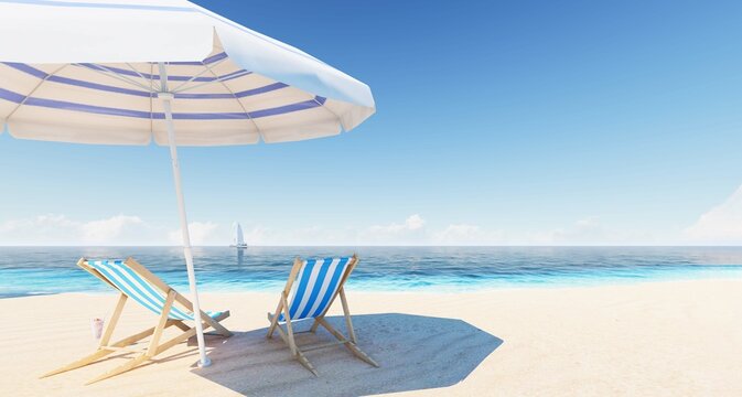 ULTRA HD. Blue ocean wood sand beach nature tropical palms Island. Hotel beach. Small beach chairs. Palms turquoise sea background Atlantic ocean. 3D Rendering.
