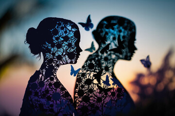Women's History Month | abstract illustration of poster with colorful silhouettes butterflies and women faces...