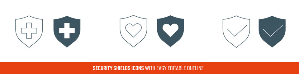 Shields icons, Security logo, Safety symbol with heart, check sign and cross health. Vector illustration