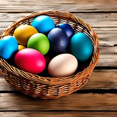 Obraz na płótnie Canvas Easter eggs in a tatch basket on a wooden table - IA generativa