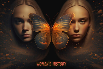 Women's History Month | abstract of poster with colorful silhouettes butterflies and girls faces.