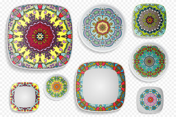 Big set of plates with ornament, top view. Home decor collection. Isolated dish, saucer with hand drawn ethnic mandala pattern. Editable objects, mock up set