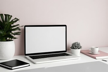 Fototapeta premium White laptop with a blank screen at a home office. Elegant office mockup table view. Generative AI