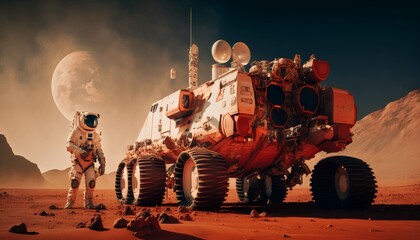 Astronaut in the mars rover on red planet surface explores the cosmic landscape, Generative AI