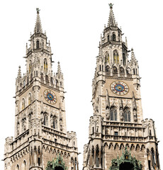 Fototapeta premium Bell and clock tower of the Neue Rathaus of Munich (New Town Hall) isolated on white or transparent background. XIX century neo-Gothic style palace in Marienplatz, Germany, Europe. Png.