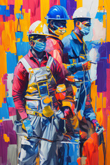 Fototapeta na wymiar Construction workers on a construction site. Wear PPE for safety and to avoid accidents. Computer generated images using the concept of oil painting.