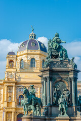 Fototapeta na wymiar Vienna, Austria - October 17, 2018: Memorial monument of Maria Theresa at Museums quartier between Art and Nature History museums, with statues, fountains and garden in Vienna historical downtown