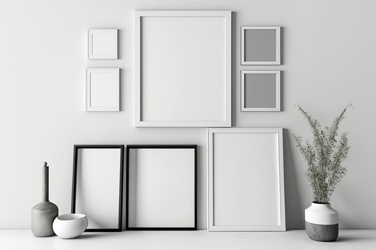 On the white wall of the contemporary room are several empty picture frames. interior design mockup in a modern aesthetic. Gratis copy space is available for artwork, images, posters, or pictures