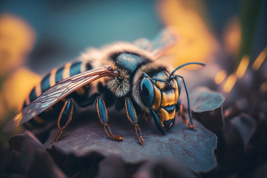 Portrait of a bee on a rock, honeybee macro. Generative ai