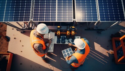 Two engineers installing solar panels on roof, Generative AI