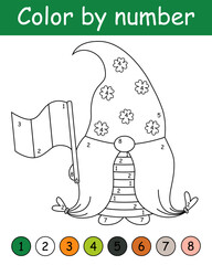 Color by number game for kids. Cute gnome with irish flag. St. Patrick's Day coloring book. Printable worksheet with solution for school and preschool. Learning numbers activity.