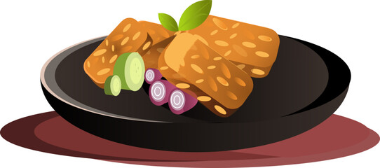 a dish of fried tempeh garnished with cucumber and shallots
