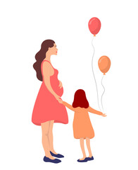 Illustration of a  Pregnant Mother Walking Her Daughter.Mom holds her daughter's hand. Happy mother's day. Isolated on white background. Cartoon style. Vector illustration.