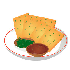a dish of toast served on a white plate with sauce
