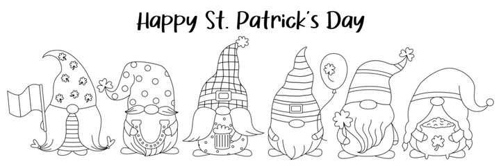 Hand drawn outline St. Patrick's Day Irish gnomes with clover for good luck. Set cute gnomes.