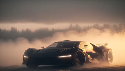 Obraz na płótnie Canvas Fast car in the fog at sunrise. Concept car created with Generative AI