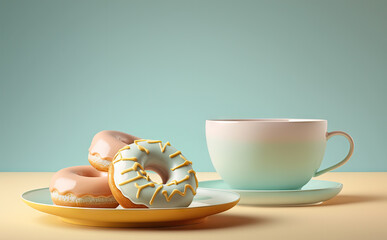 Cup of coffee and donuts on a plate for breakfast - illustration created with Generative AI technology