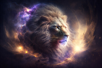 Naklejka premium Leo zodiac sign. Lion illustration with magic light in space. Generative ai