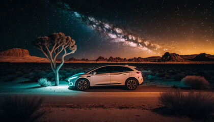 Fototapeta na wymiar White concept car in the desert at night. Milky way. Created with Generative AI
