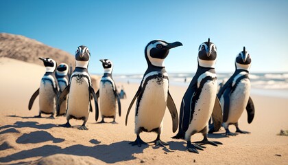 Fototapeta premium Group of Magellanic Penguins gathered on a sandy beach on a sunny summer day, Generative AI