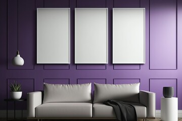 Three vertical blank posters on purple wall in modern living room with clipping path around poster. Generative AI