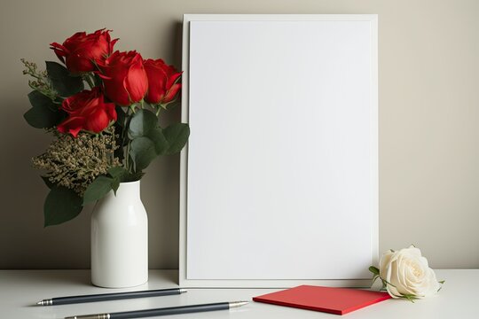 red roses and notebooks in a white frame. stylish photo mockup. Stunning. Generative AI