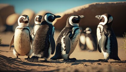 Group of Magellanic Penguins gathered on a sandy beach on a sunny summer day, Generative AI