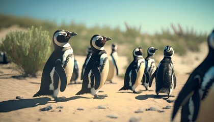 Obraz premium Group of Magellanic Penguins gathered on a sandy beach on a sunny summer day, Generative AI
