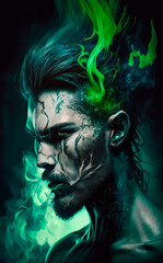 Portrait of a white European man with green vapour representing Taurus. Generative AI