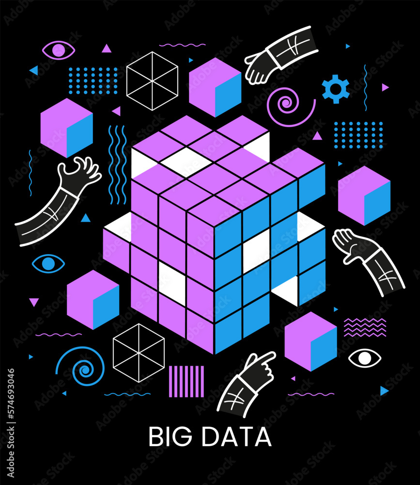 Poster people interacting with big data. data visualization concept. 3d isometric vector illustration.