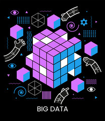 People interacting with big data. Data visualization concept. 3d isometric vector illustration.