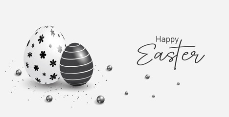 Happy easter banner template with white and black minimalist design eggs.