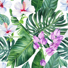 Tropical Leaves, watercolor Illustration. Trend jungle seamless pattern, floral background. Modern art