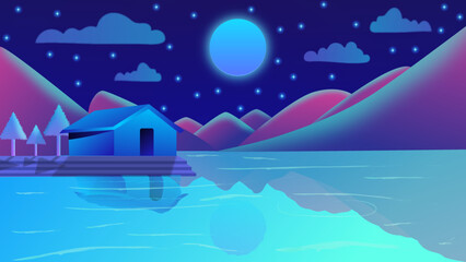 Naklejka premium Rural House beside Lake at night