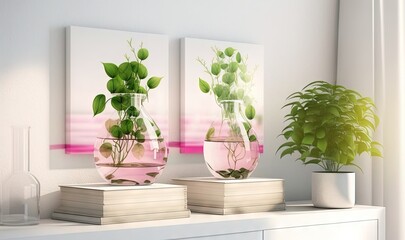  a couple of vases with plants in them on a shelf.  generative ai